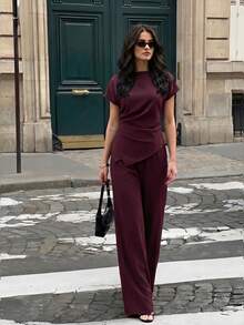 Firerie Women's Casual Elegant Plaid Asymmetric Hem Shirt And Wide Leg Pants 2pcs Set, Suitable For Commuting Dinner Office, Fashion Business Wear Burgundy - Burgundy - View 3