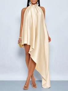 SOLERSUN Plus Size Women's Dress With Pleated Details And Asymmetric Diagonal Hem, Perfect For Dates, Festivals And Parties. - Apricot - View 8