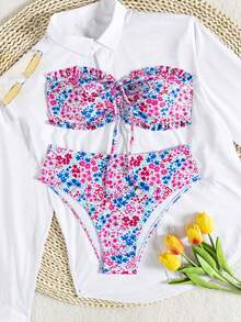 Swim Vcay 女款夏季海灘度假套裝，新款可愛無肩帶荷葉邊甜美碎花比基尼套裝，配精緻珍珠吊墜與抽繩繫帶 - 彩色 - 查看 6