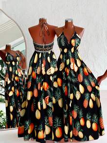 Sweetra Bohemian Style Printed Beach Spaghetti Strap Dress - Black - View 1