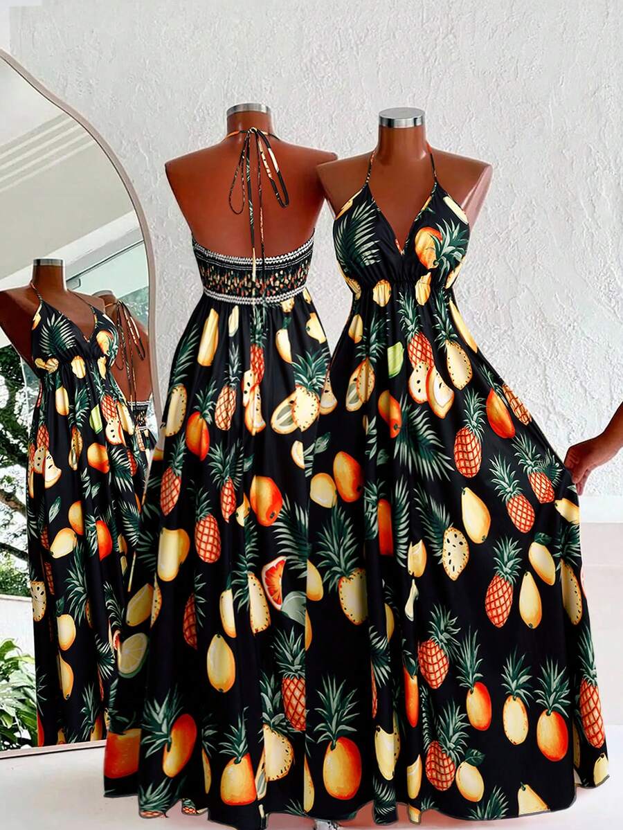 Sweetra Bohemian Style Printed Beach Spaghetti Strap Dress - Black - View 1