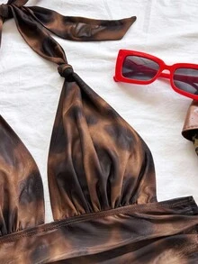 Soleia (No Chest Padding)Plus Size Women's Vacation Knit Mesh Vintage Brown Leopard Print Halter V-Neck Tie Bow Ruched Romantic Tank Top, - Multicolor - View 4