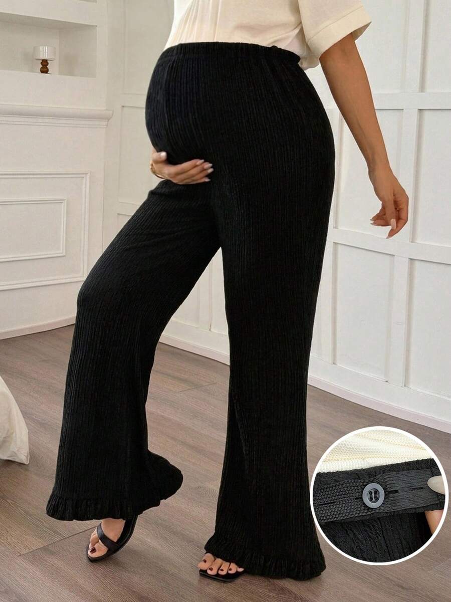 Dazy Maternity 可調節腰扣彈性腰羅紋布料修身喇叭褲腳休閒孕婦褲 夏季 - 黑色 - 查看 1