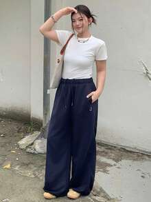 Dazy Plus 美式女款休閒商務休閒運動寬腿運動褲，彈性腰頭，青少年女孩大尺碼，夏季海軍藍 - 藏蓝色 - 查看 4