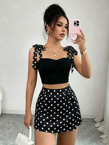 SHEIN Franclia 女款波點肩結上衣與裙褲休閒日常兩件套 - 黑色 - 查看 6