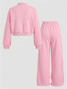 SHEIN 青少年女孩秋季兩件套長袖拉鍊連帽衫 + 寬腿運動褲休閒套裝，適合日常、街頭穿搭，休閒舒適 - 粉色 - 查看 2