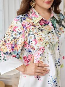 Al Najma Summer Positioning Floral Cuff Contrast Color Loose Fit Plus Size Women's Arabian Dress - Multicolor - View 6