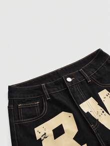 ROMWE Women's Slogan Wide Leg Jeans Street Style Hot Girl Music Festival Versatile Yellow Letter Print - Black - View 3