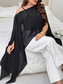 Modelyn Summer Black Chiffon Open Shoulder Elegant Plus Size Women's Blouse Fall - Black - View 3