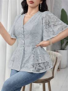 Feyla Women's Elegant Solid Color Lace Blouse, Summer - Blue - View 1