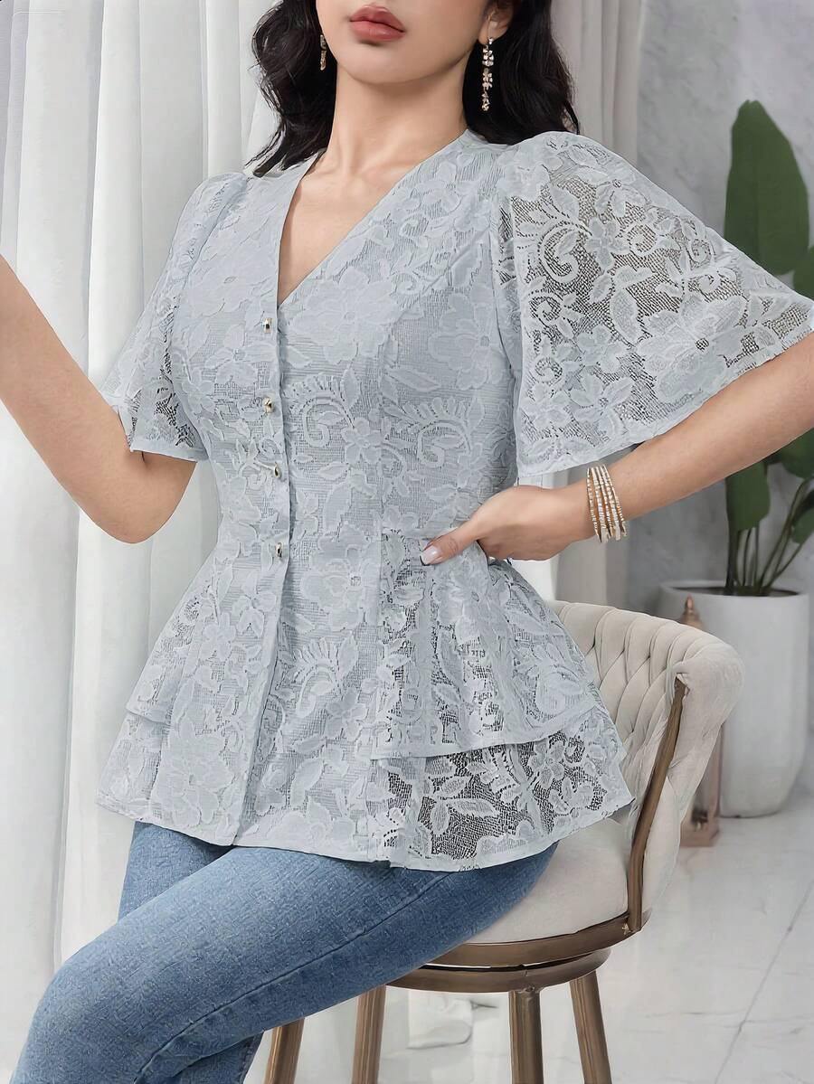 Feyla Women's Elegant Solid Color Lace Blouse, Summer - Blue - View 1