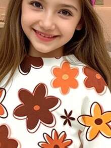 青少年女孩休閒簡約秋季甜美多彩花卉印花、美拉德色調、針織圓領字母圖案寬鬆衛衣 & 修身喇叭長褲休閒兩件套舒適秋冬風格，冬季，秋季服裝 - 彩色 - 查看 4