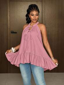 Maweii Plus Size French Hot Girl V-Neck Asymmetrical Ruffle Halter Neck Tie Shirt - Dusty Pink - View 2