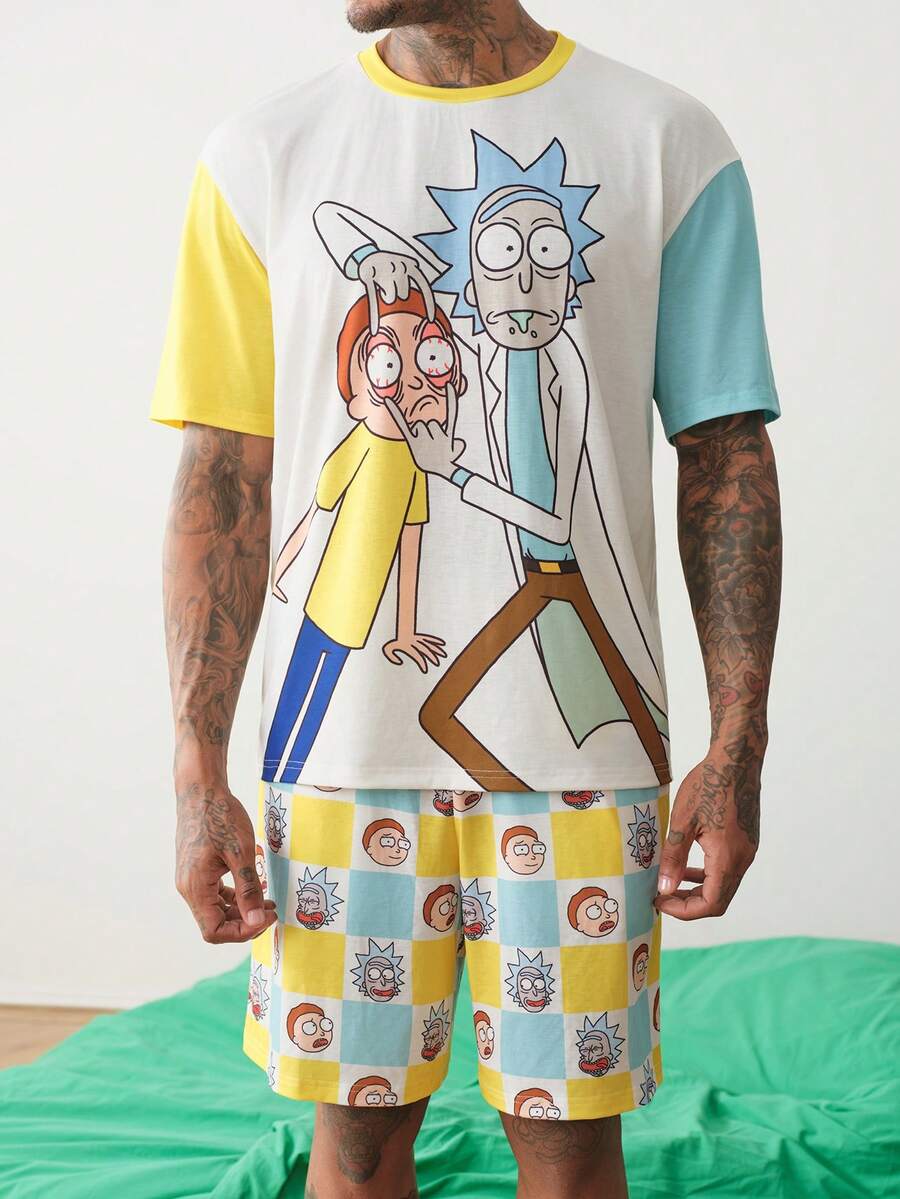 Rick and Morty X SHEIN Men's Cartoon Print Short Sleeve T-Shirt And Shorts Loungewear Set - Multicolor - View 1