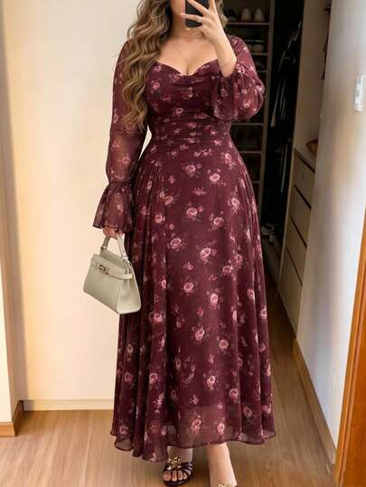 Modelyn Vestido casual elegante de talla grande, ajuste holgado, 40D, de poliéster y spandex con malla estampada, adecuado para uso diario y reuniones en primavera/verano