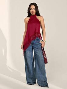 SHEIN PETITE 女款蕾絲飾邊掛脖休閒百搭日常外出上衣 - 紅色 - 查看 12