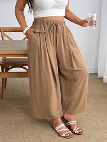 Enliva Plus Size Women Khaki Wide Leg Pants High Waist Drawstring Elastic Casual Pocket Vacation Summer - Khaki - View 7
