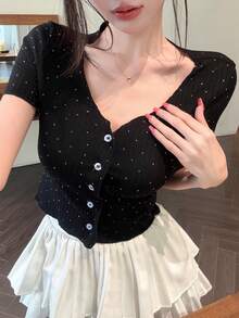 DAZY 夏秋亮片閃亮休閒黑色短版針織上衣修身款婚宴短袖女式開襟衫 - 黑色 - 查看 8