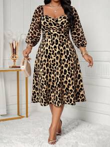 SHEIN Lady Plus Size Women's Leopard Print Fashion Date Evening Wedding Guest Holiday Cocktail Party Dress Beige Autumn Elegant Sexy - Multicolor - View 4