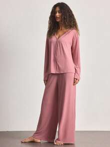 Ocili Minimalist Casual Comfortable Collarless Soft Pajama Set For Women Lounge Dusty Pink Autumn - Dusty Pink - View 4