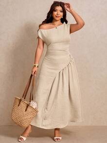 Elaquor Plus size enfärgad semesterklänning med asymmetrisk urringning, casual - Aprikos - Visa 3