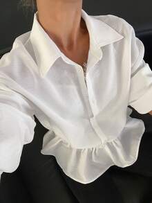 Livesso Summer Autumn June Teachers' Day Collared Long Sleeve Button-Up Solid White Ruffle Hem Loose Women's Blouse Office Elegant French - White - View 1
