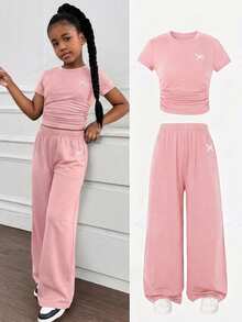 Emery Rose Kids Kids Tween Girl Bow Print Short Sleeve T-Shirt And Pants Casual Set School Pink Summer - Pink - View 9