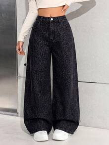 SHEIN Girls' Leopard Print Loose Wide Leg Denim Pants Vacation Festival Independence Day Leopard Print - Multicolor - View 6