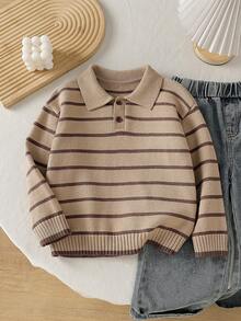 SHEIN Playful Pals 男童翻領長袖條紋拼接毛衣，適合春秋冬季穿著 - 彩色 - 查看 6
