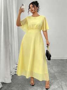 Modelyn Women's Plus Size Elegant Spring/Summer Round Neck Ruffle Bell Sleeve Fitted Draped Chiffon Dress - Yellow - View 1