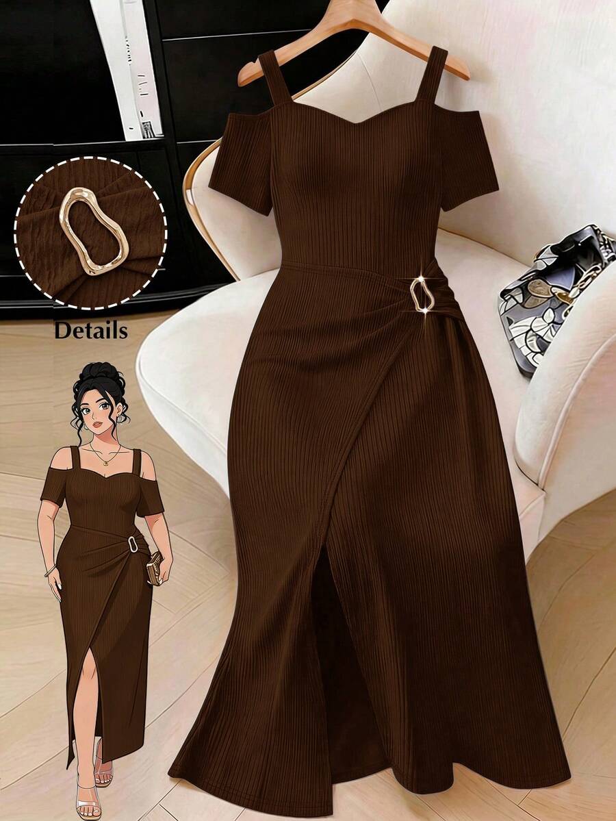 Elenzga Plus Size Women's Solid Color Jinshi Decor Short Sleeve Asymmetric Strap Dress - Brown - View 1