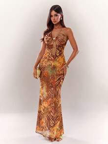 Radiana Women's Halter Neck Shell Chain Hollow Snake Skin Leopard Print Extra Long Dress - Multicolor - View 5