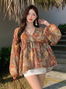 DAZY 女款度假休閒夏季全身碎花寬鬆長袖圓領襯衫 - 彩色 - 查看 5