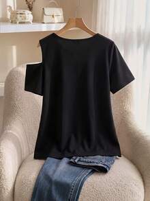 CosyJoli Women's Plus Size Bow One Shoulder Apricot Plus Size Black Shirt Fashion Casual Plus Size T-Shirt Casual Summer Daily Going Out T-Shirt For Women - Black - View 3