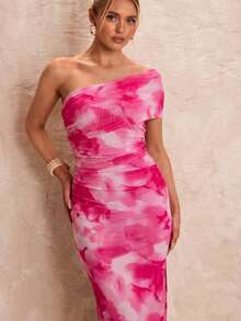 Glamine 女款夏季綠色紮染單肩開衩網紗貼身抓皺度假洋裝 - 粉色 - 查看 5