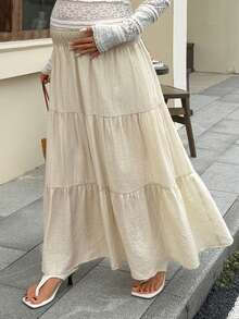 Dazy Maternity Apricot Chiffon A-Line Maternity Skirt With Gathered Waist, Versatile Casual Vacation Style For Daily Wear Summer - Apricot - View 5