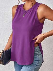 SHEIN LUNE Camiseta de tirantes casual y versátil para mujer de unicolor con cuello redondo y abertura lateral en el bajo - Morado - Ver 4