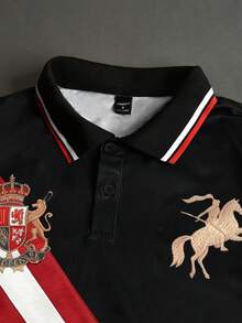 STYNVO 男士刺繡條紋對比色半開襟鈕扣短袖 Polo 衫，儀式款 - 黑色 - 查看 3