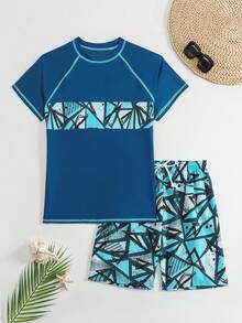 Boys Two Pieces Rash Guard Swimsuits Teen Boy Vacation Short Sleeve Sunsuit Swimwear Sets 12-16Y - Mint Blue - View 3
