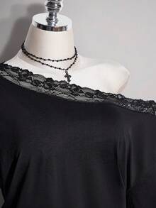SHEIN ICON Plus Size Y2K Vintage Asymmetric Shoulder Lace Patchwork Loose T-Shirt - Black - View 7