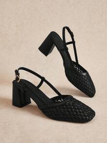 Rosivie Women's Fashion Brown Woven Hollow High Heel Pumps For Christmas - Black - View 4