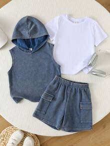 SHEIN Young Boy' New Casual Minimalist College Style Vacation Striped Shirt & Shorts 2-Piece Set, Suitable For Summer, Street Style, Daily Wear, Outings, Vacation, Spring & Summer Fashion, Summer Outfits Easy Comfort, Layers For Kids, Stylish Kids, Casual Wear, Kids' Sports College Digital Graphic T-Shirts, Back To School, Spring & Summer Clothes, Homecoming - Multicolor - View 5