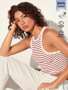 SHEIN BASICS Women's Striped Colorblock Fitted Versatile Daily Outing Top - Red - View 4