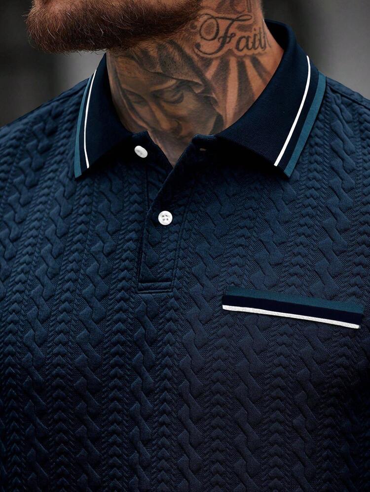 Manfinity CasualCool 男士条纹印花休闲短袖Polo衫，夏季 - 寶藍色 - 查看 6