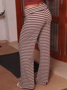 juhmazzocco Women's Casual Striped Fold-Over Waist Wide Leg Pants, Summer - Coffee Brown - View 4