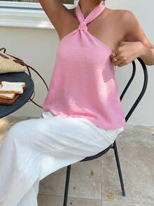 SHEIN EZwear 女士夏季沙滩度假粉色编织扭结露背上衣 - 粉色 - 查看 6