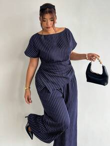 Firerie Plus Size Women's Striped Top And Long Pants Casual Everyday Set Fall/Winter - Navy Blue - View 4