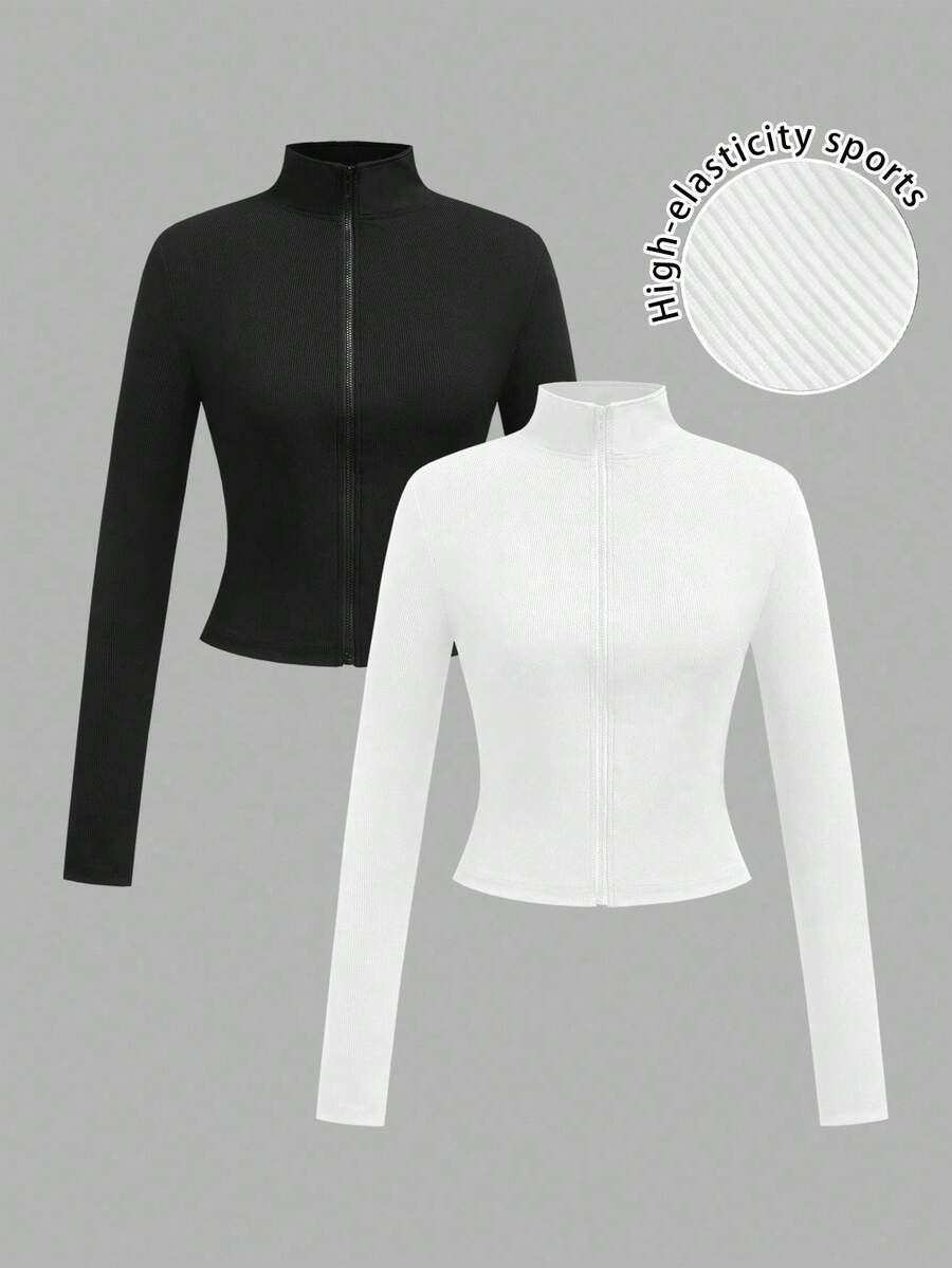 SHEIN EZwear 秋季新款 2件組高彈力羅紋針織拉鍊長袖女款T恤,白色與黑色,適合日常通勤、聚會、秋冬夏季、聖誕節、新年、感恩節、派對、婚禮、海灘、畢業、優雅、外出、約會、通勤、情人節、優雅、度假 - 彩色 - 查看 1