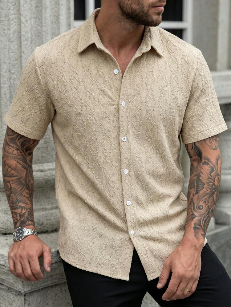 Manfinity CasualCool Camisa casual de manga corta con textura y abotonadura sencilla para hombre - Caqui - Añade 3