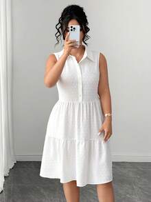 Elenzga Plus Size Summer Casual Solid Color Sleeveless Dress - White - View 6